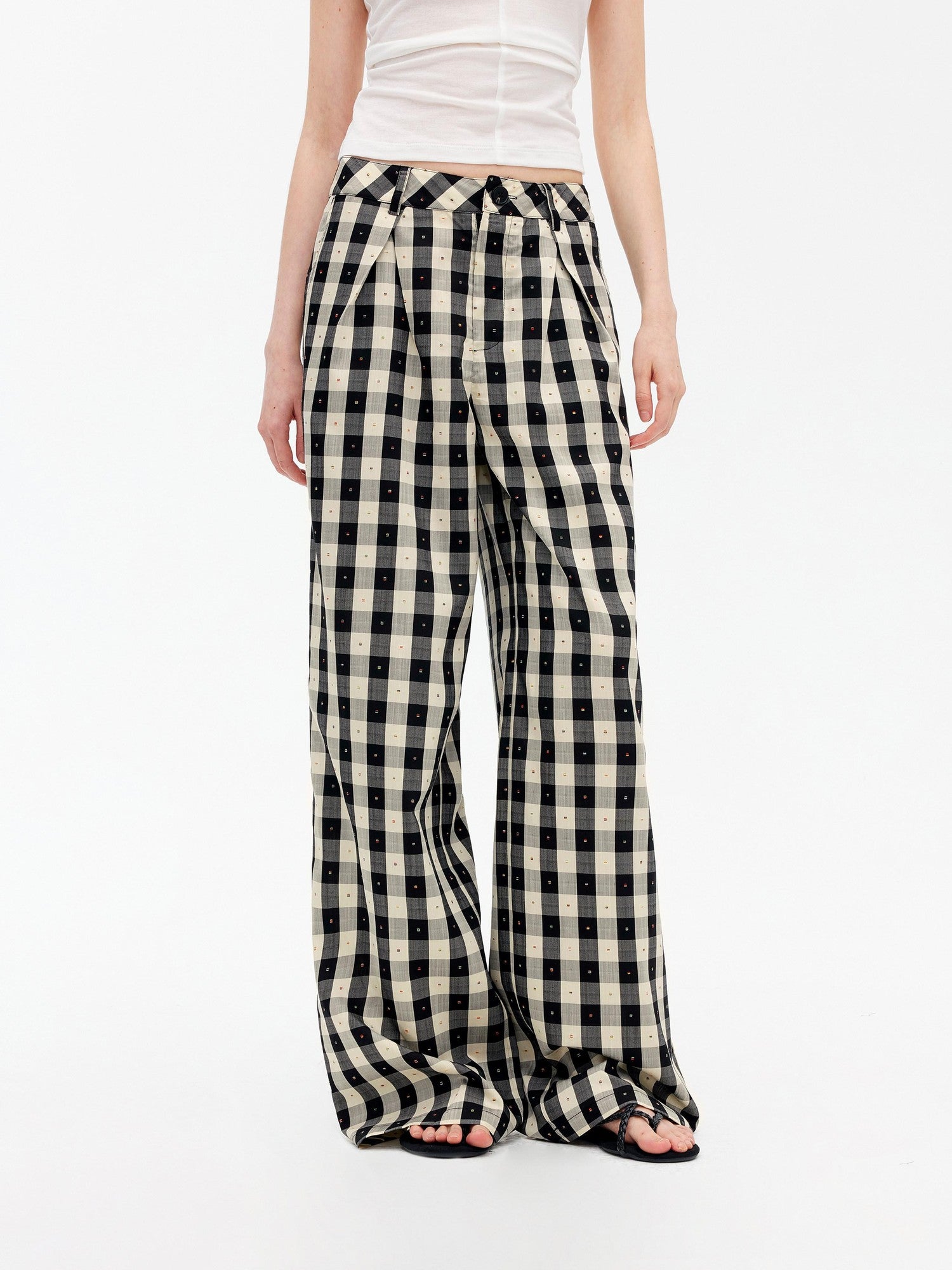 AFTADAWN Black White Plaid Embroidered Waist Pleat Women&