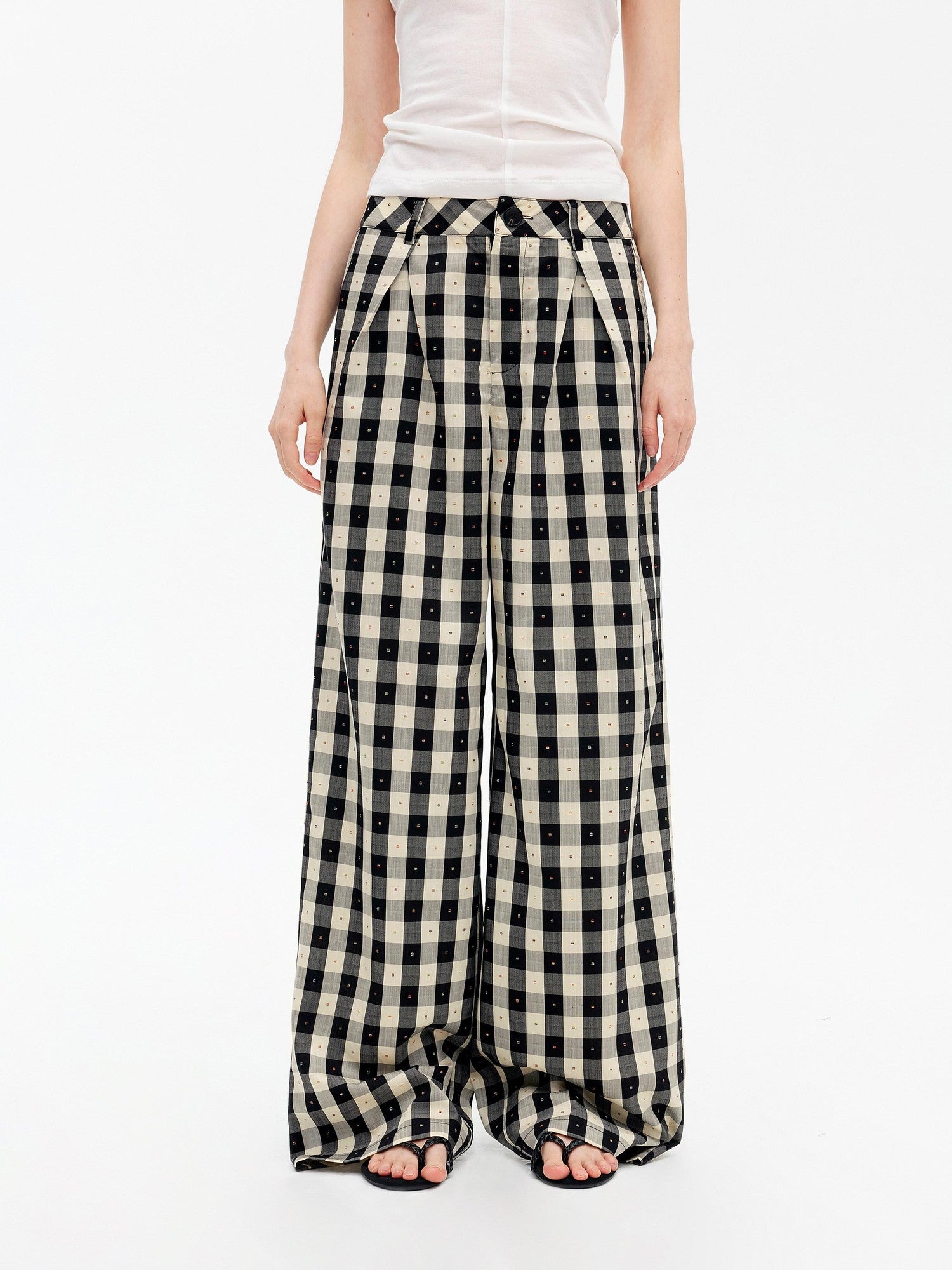 AFTADAWN Black White Plaid Embroidered Waist Pleat Women&