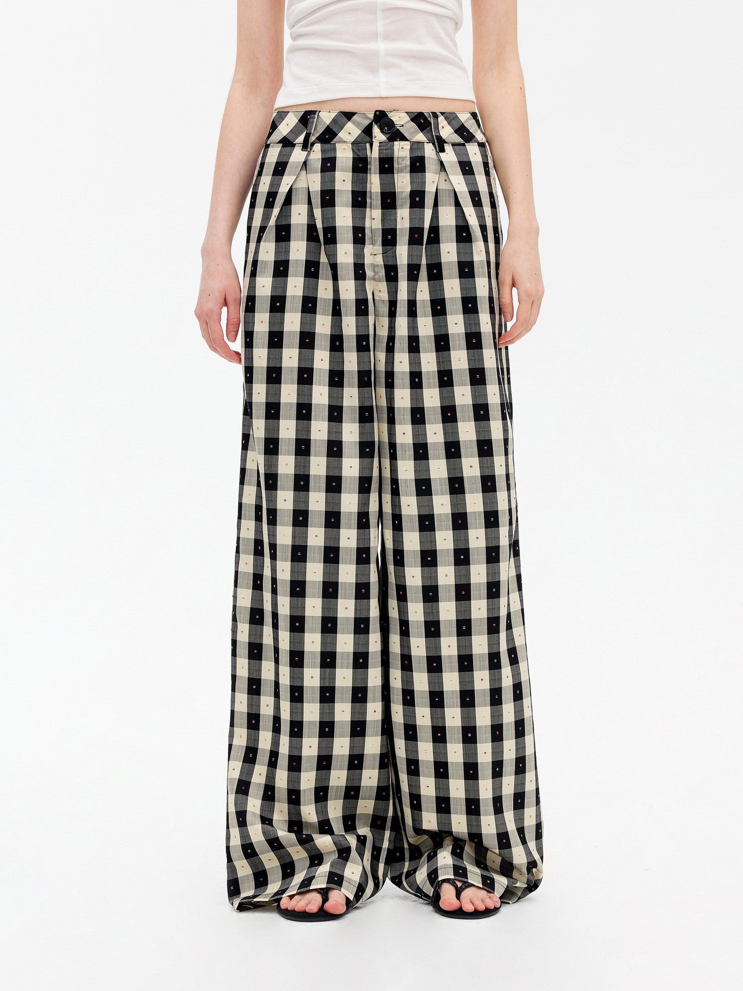 AFTADAWN Black White Plaid Embroidered Waist Pleat Women&