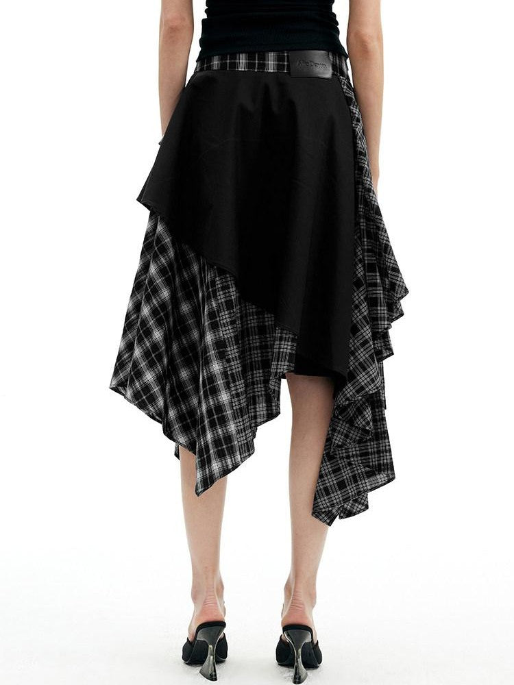 AFTADAWN Black White Plaid Patchwork Irregular A Line Women&