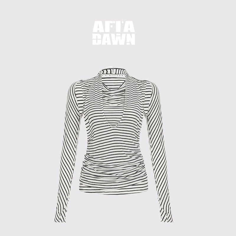 AFTADAWN_Black_White_Striped_Pleated_Tie_Cowl_Neck_Women&