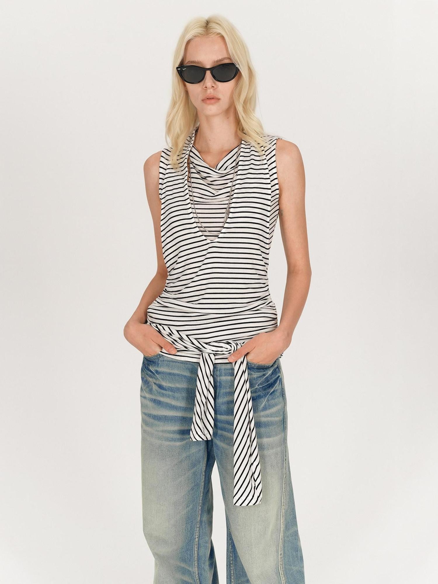 AFTADAWN Black White Striped Pleated Tie Cowl Neck Women&