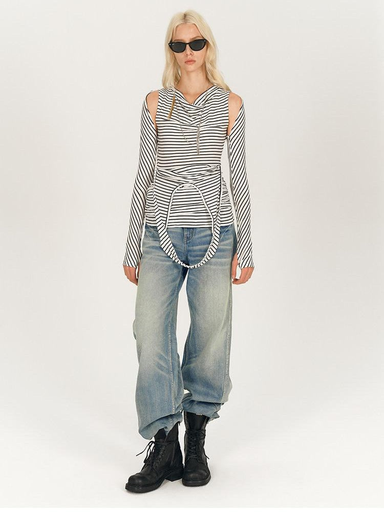AFTADAWN Black White Striped Pleated Tie Cowl Neck Women&
