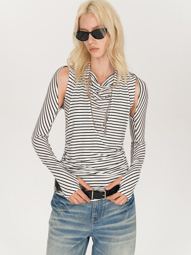 AFTADAWN Black White Striped Pleated Tie Cowl Neck Women&