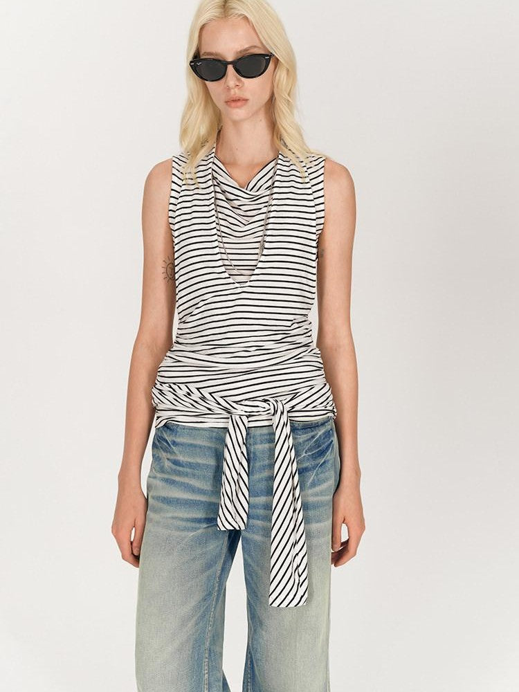 AFTADAWN Black White Striped Pleated Tie Cowl Neck Women&