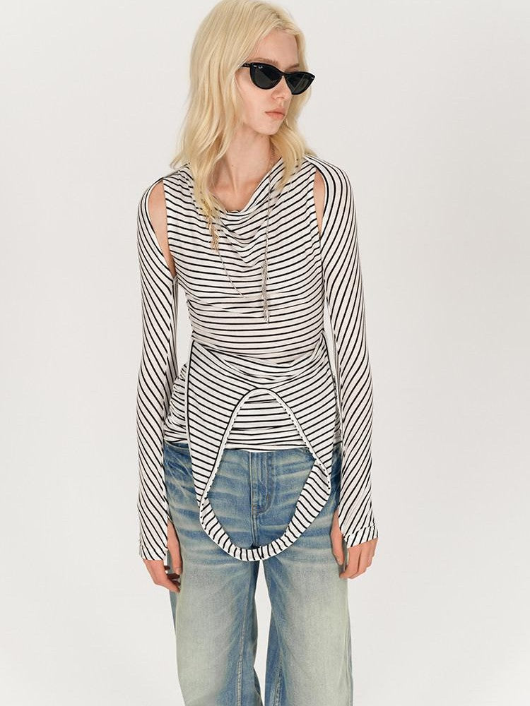 AFTADAWN Black White Striped Pleated Tie Cowl Neck Women&