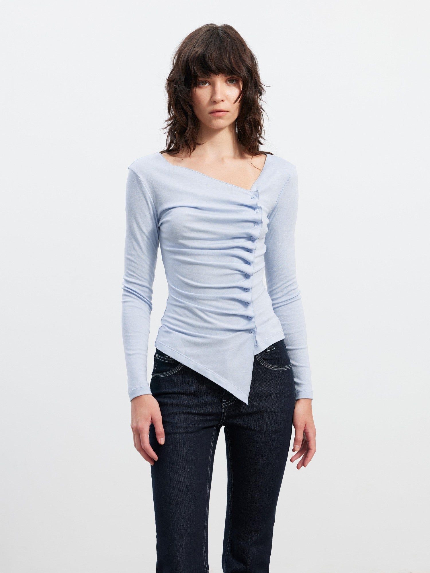 AFTADAWN Blue Asymmetric Pleated Side Button Women&