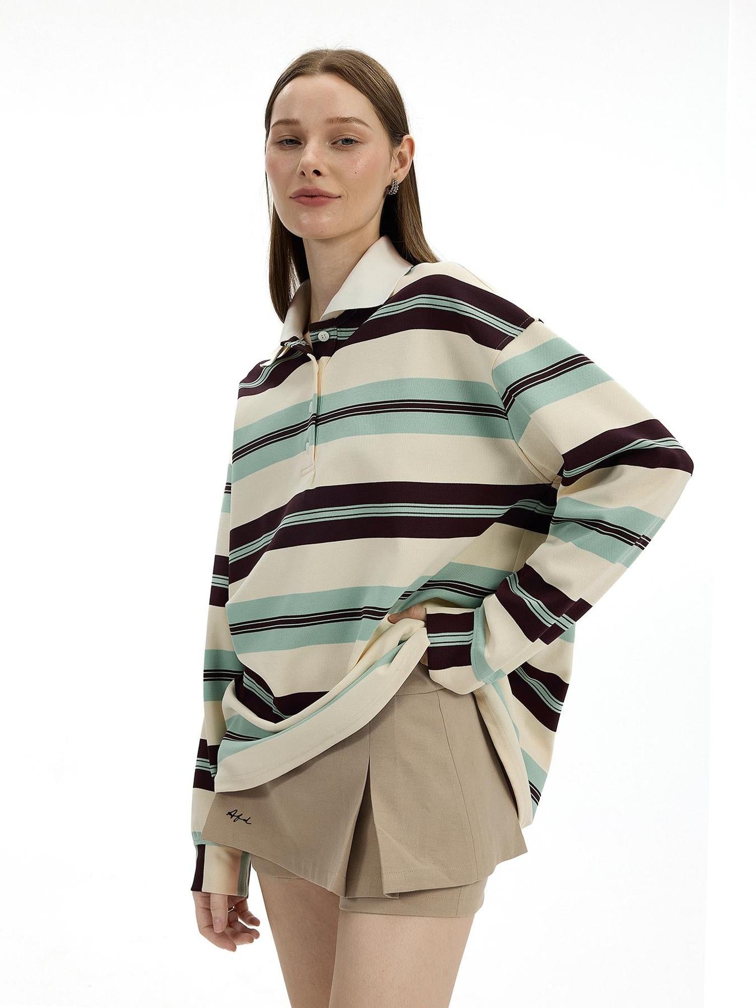 AFTADAWN Blue Brown Stripe Oversized Polo T-shirt