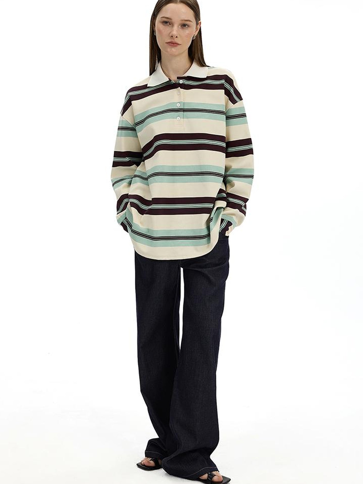 AFTADAWN Blue Brown Stripe Oversized Polo T-shirt