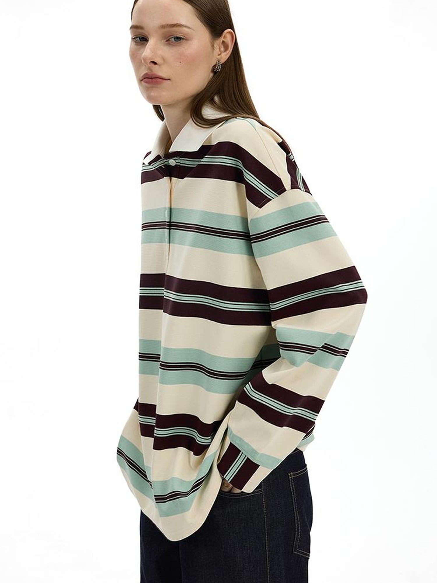 AFTADAWN Blue Brown Stripe Oversized Polo T-shirt