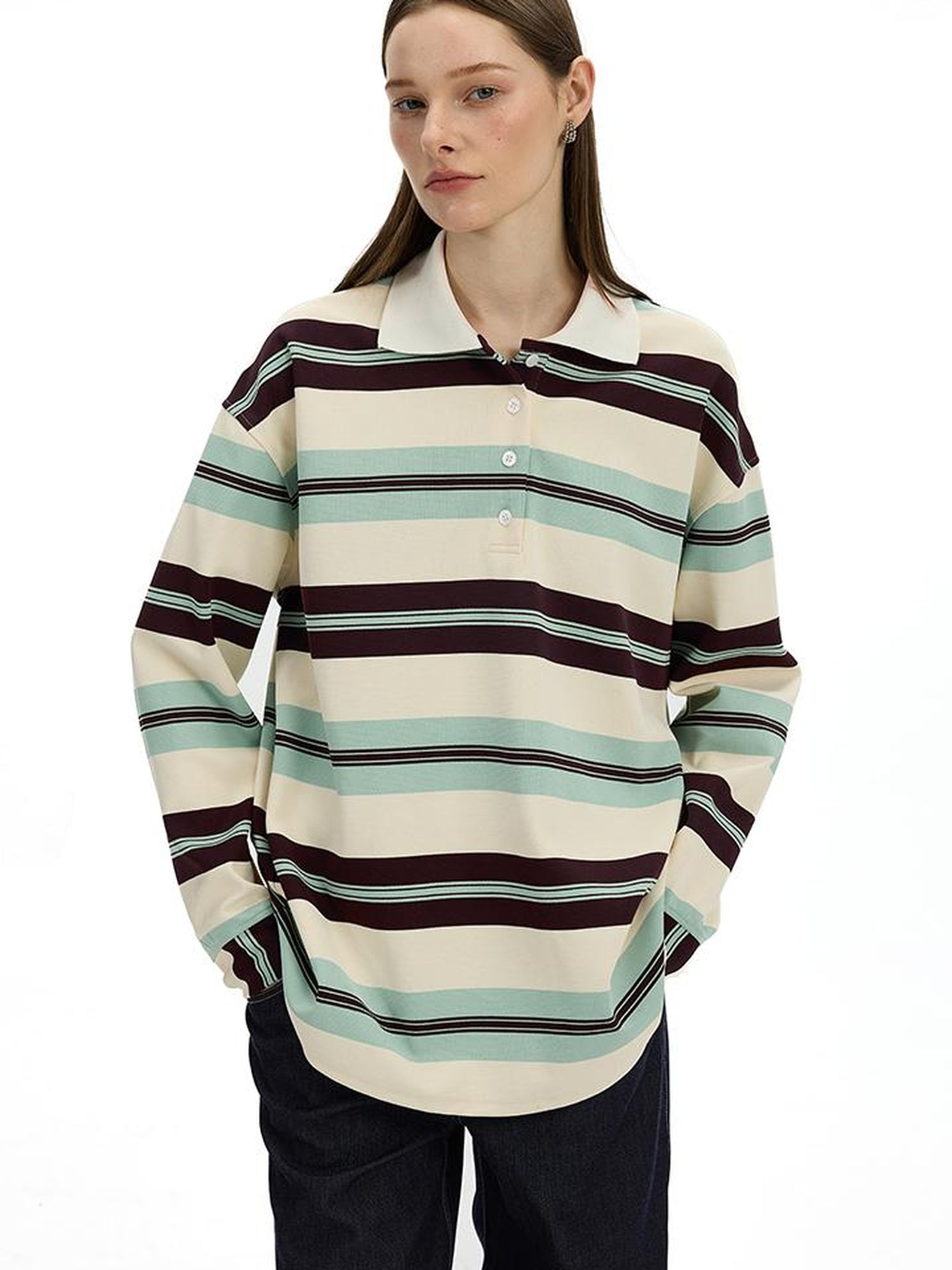 AFTADAWN Blue Brown Stripe Oversized Polo T-shirt
