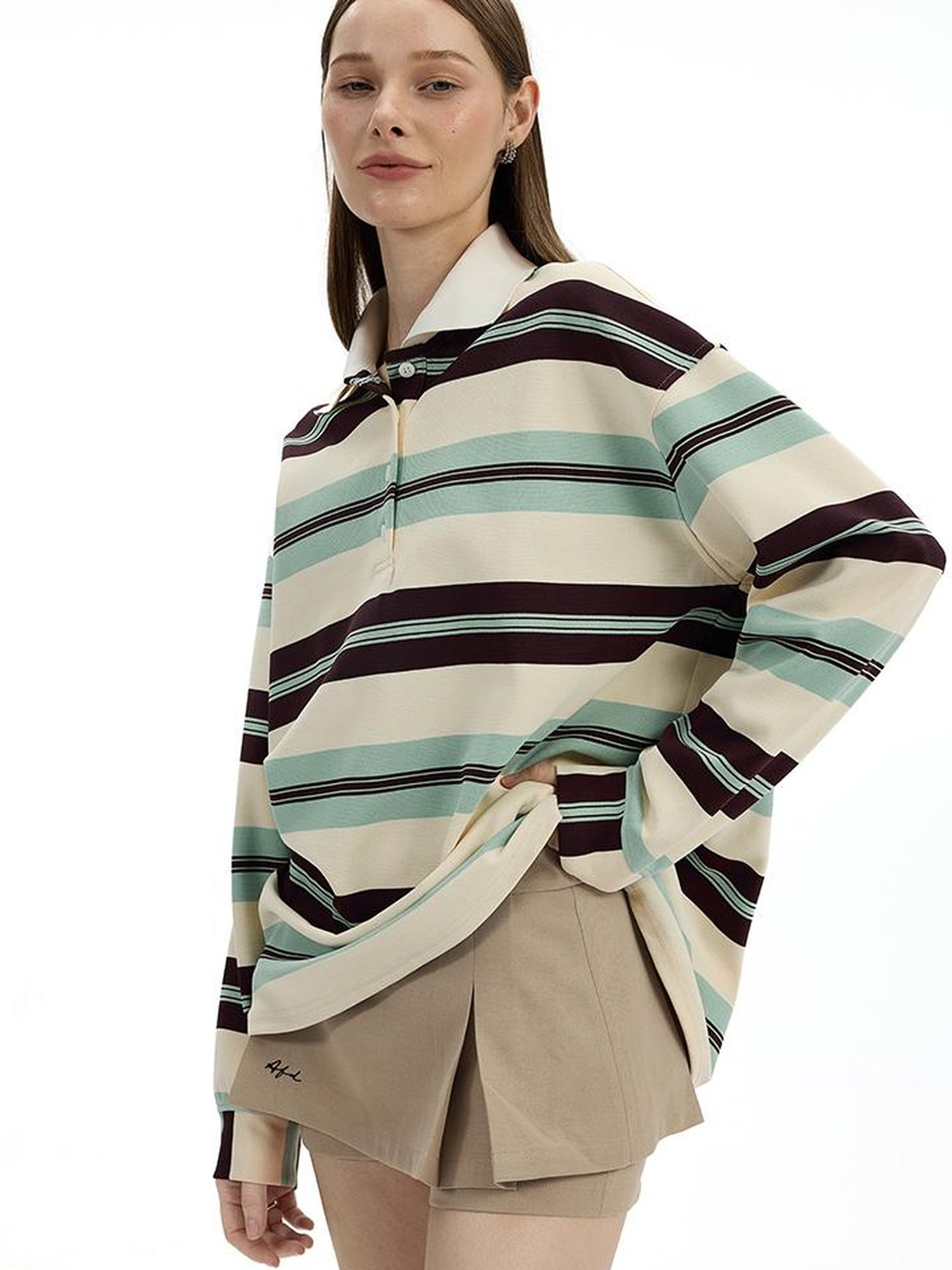 AFTADAWN Blue Brown Stripe Oversized Polo T-shirt