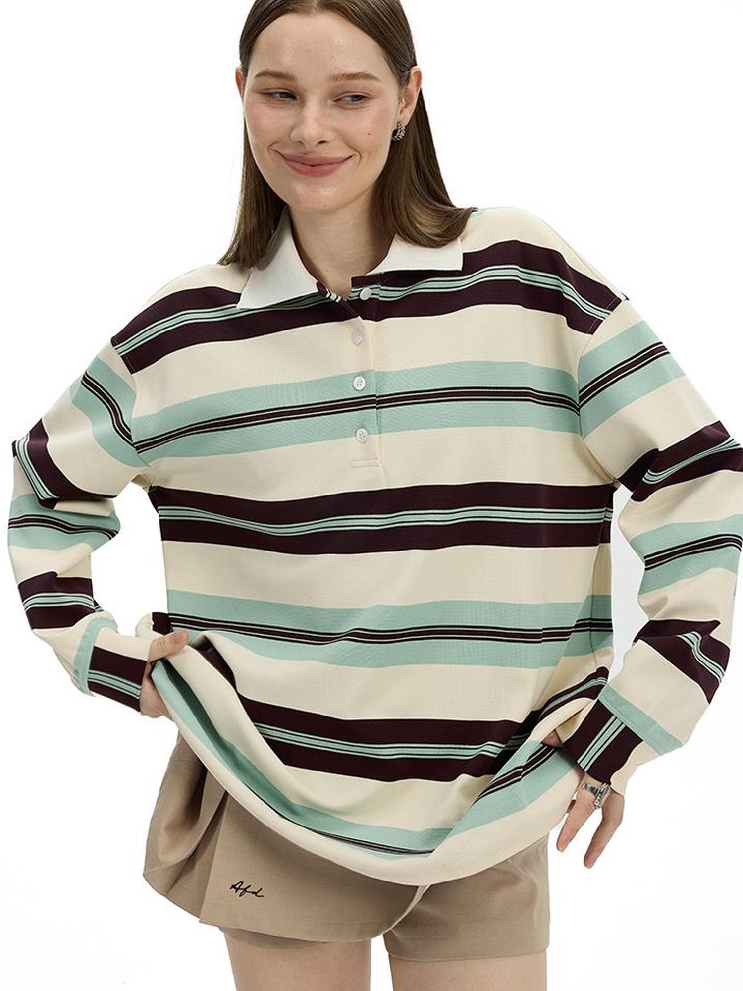 AFTADAWN Blue Brown Stripe Oversized Polo T-shirt