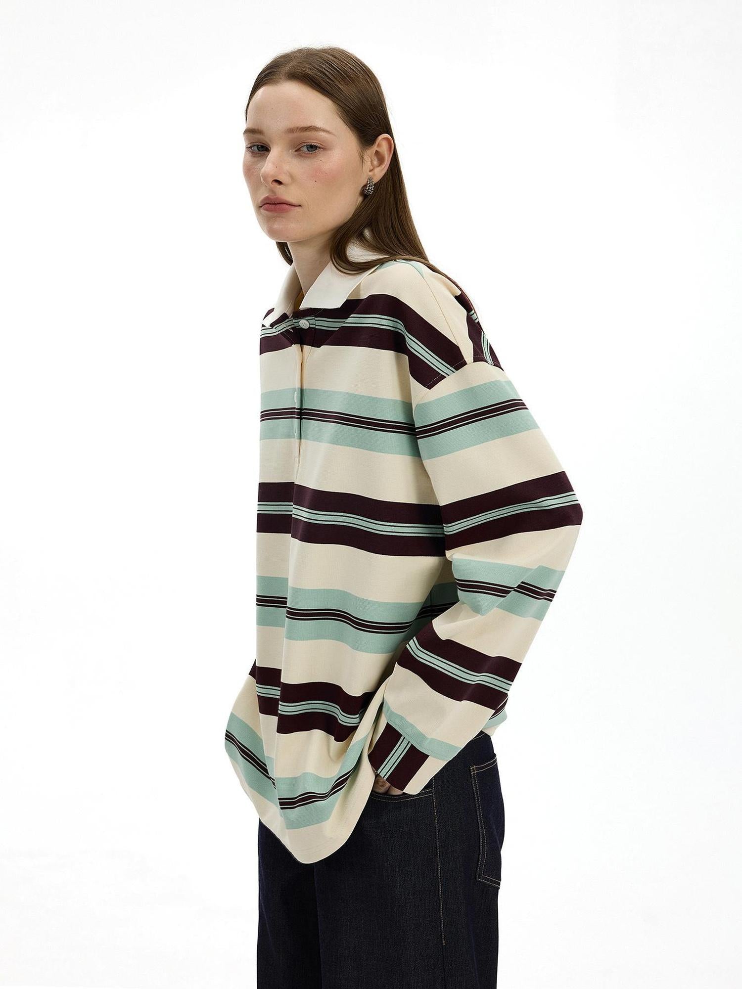AFTADAWN Blue Brown Stripe Oversized Polo T-shirt