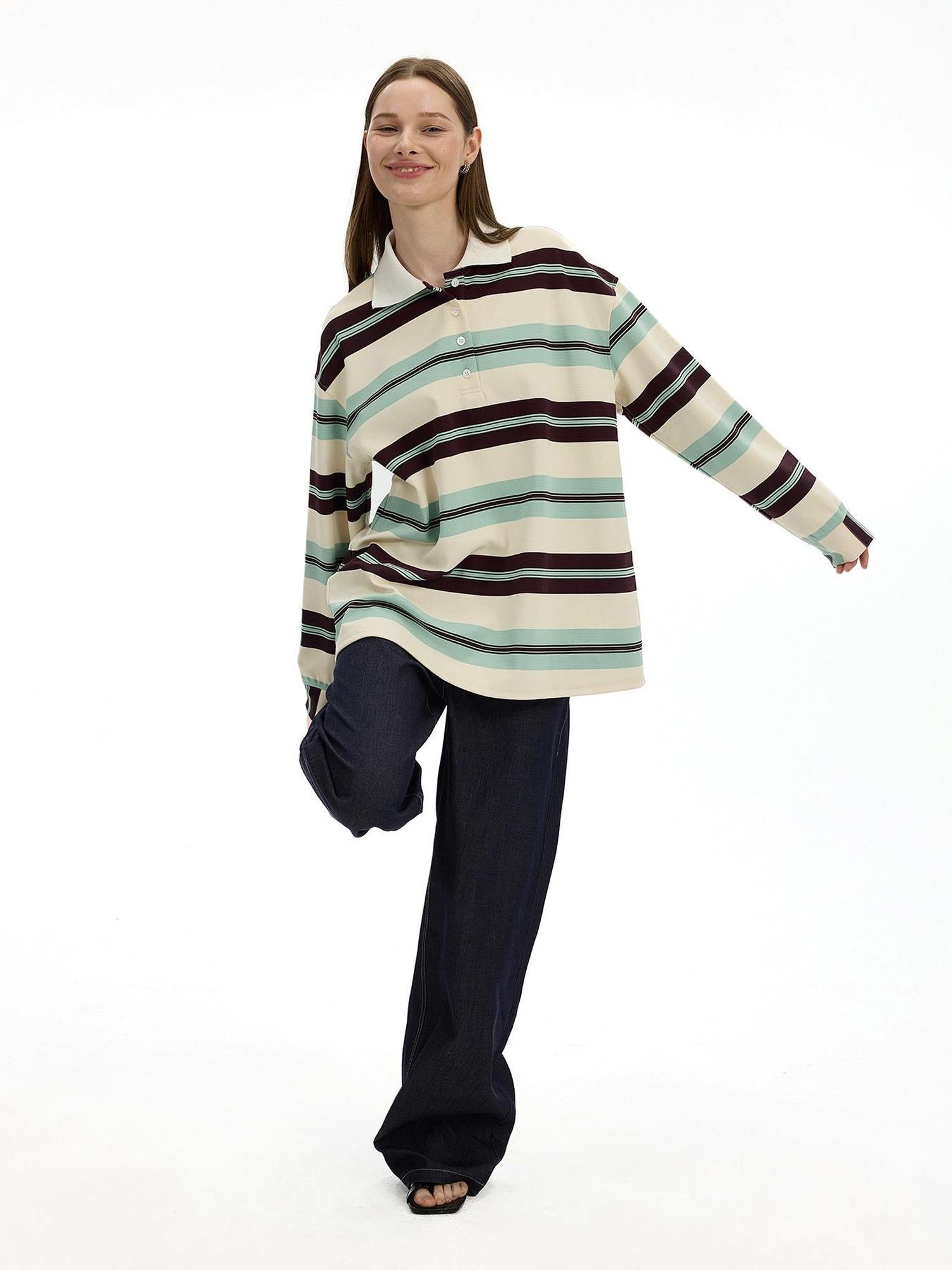AFTADAWN Blue Brown Stripe Oversized Polo T-shirt
