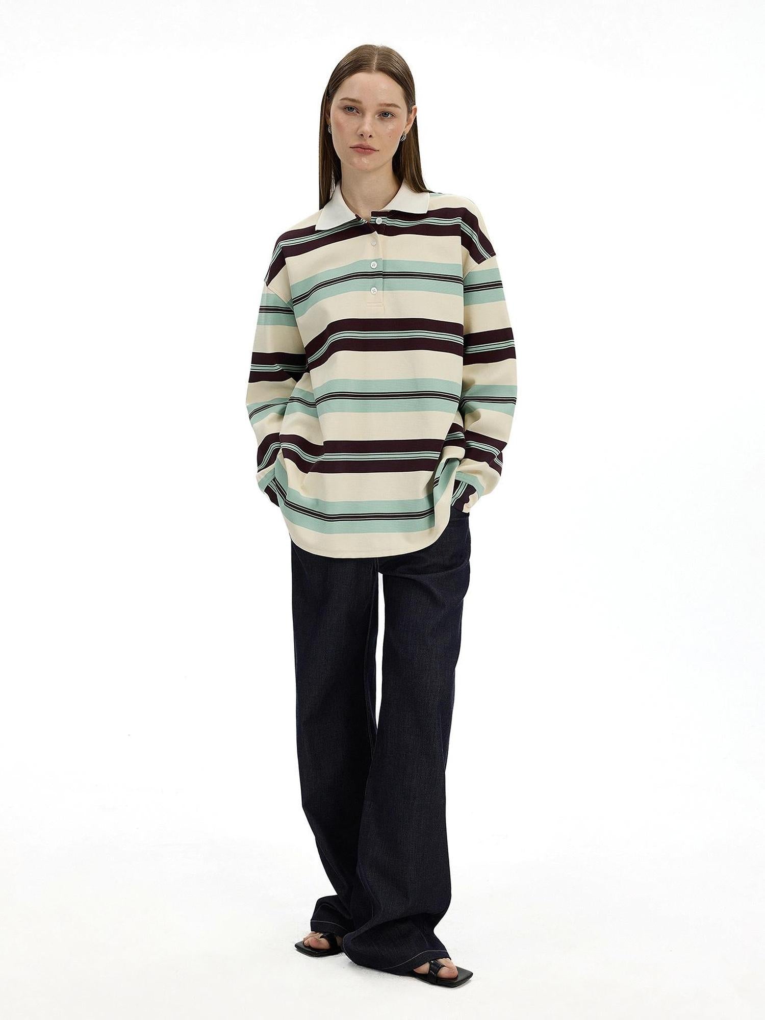AFTADAWN Blue Brown Stripe Oversized Polo T-shirt