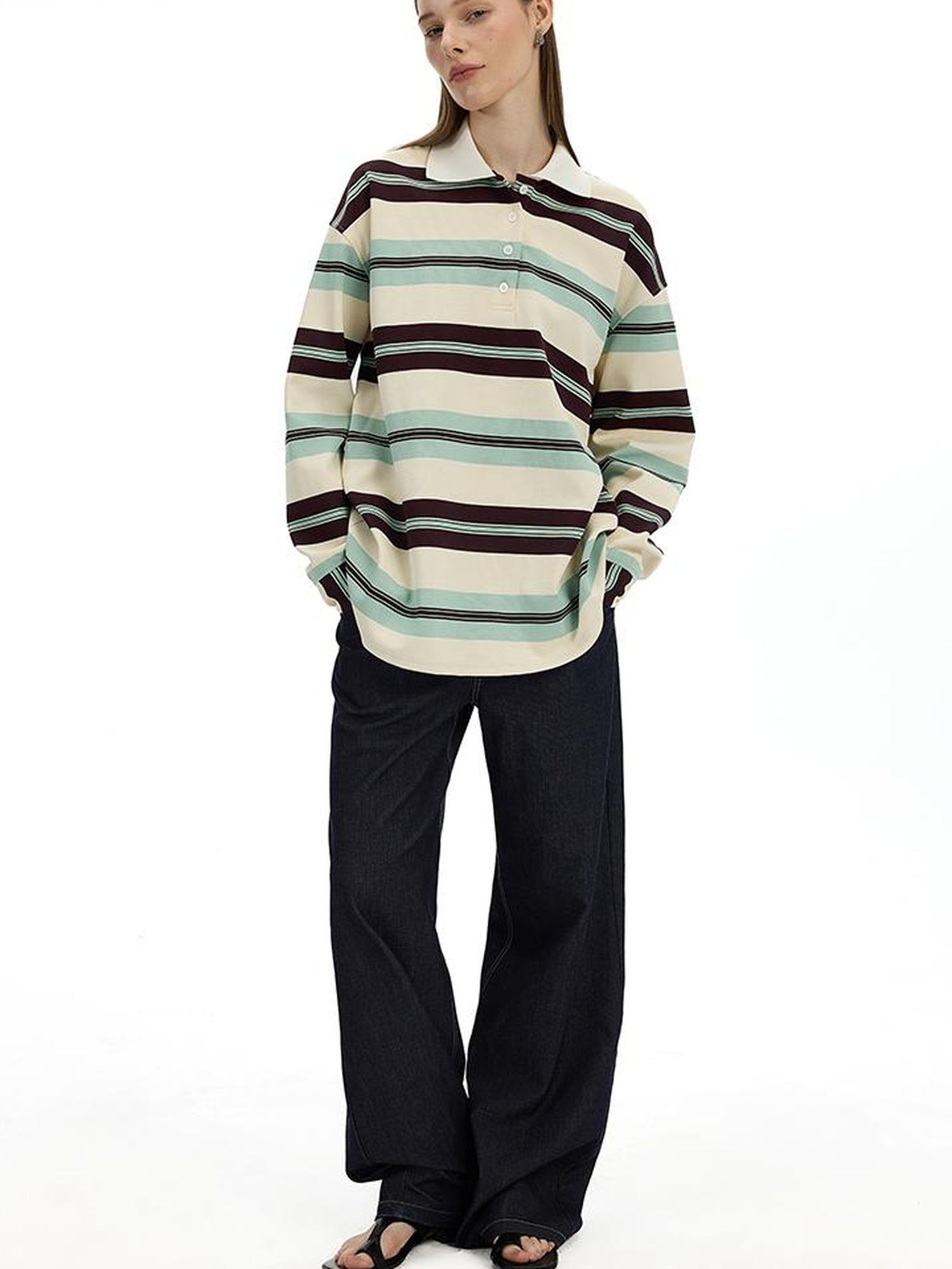 AFTADAWN Blue Brown Stripe Oversized Polo T-shirt