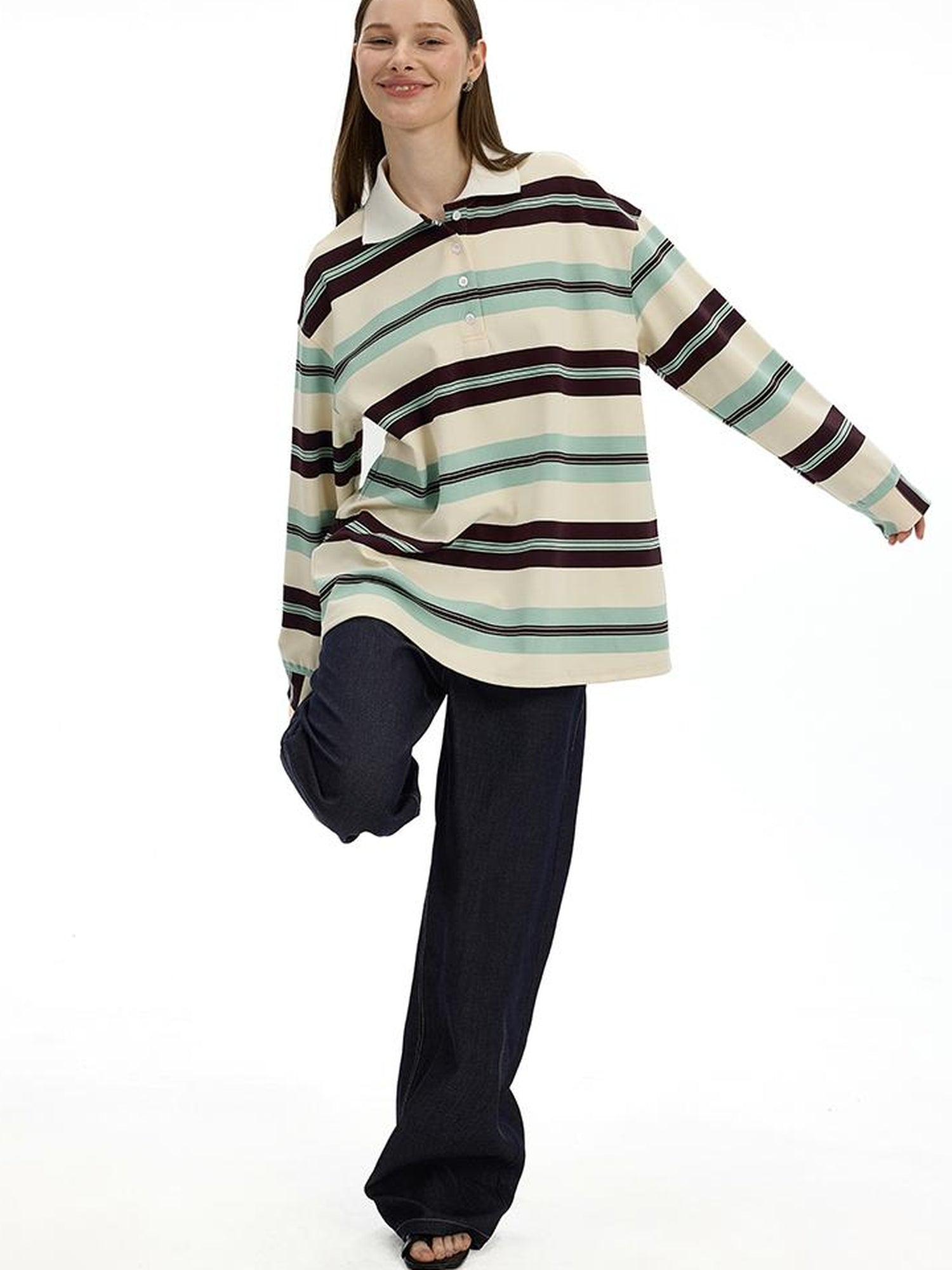 AFTADAWN Blue Brown Stripe Oversized Polo T-shirt