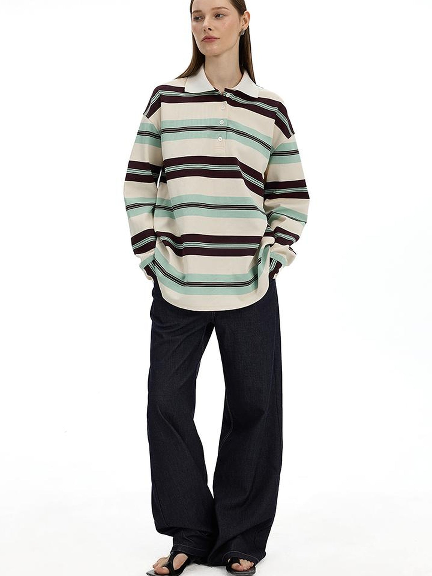 AFTADAWN Blue Brown Stripe Oversized Polo T-shirt