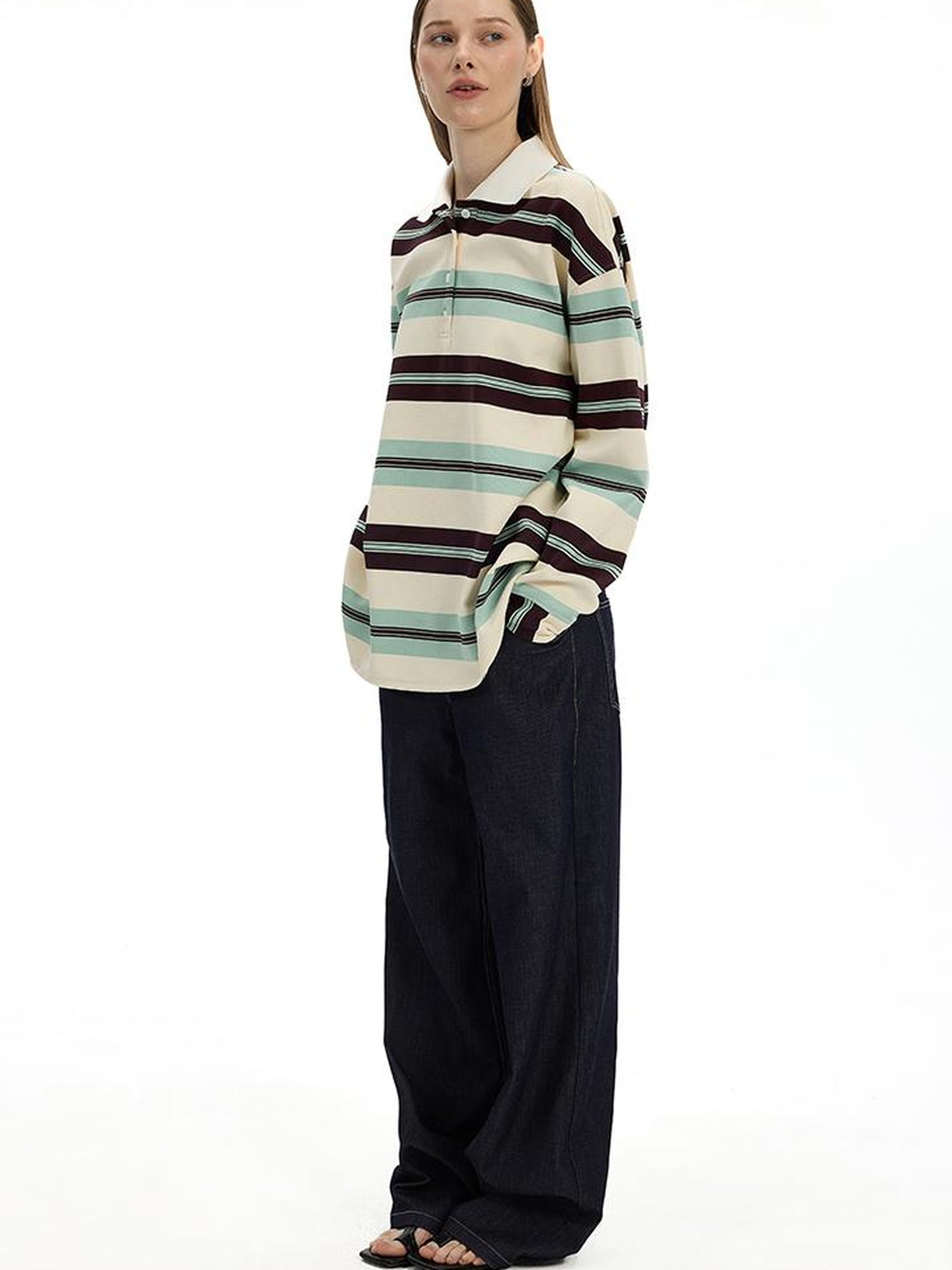 AFTADAWN Blue Brown Stripe Oversized Polo T-shirt