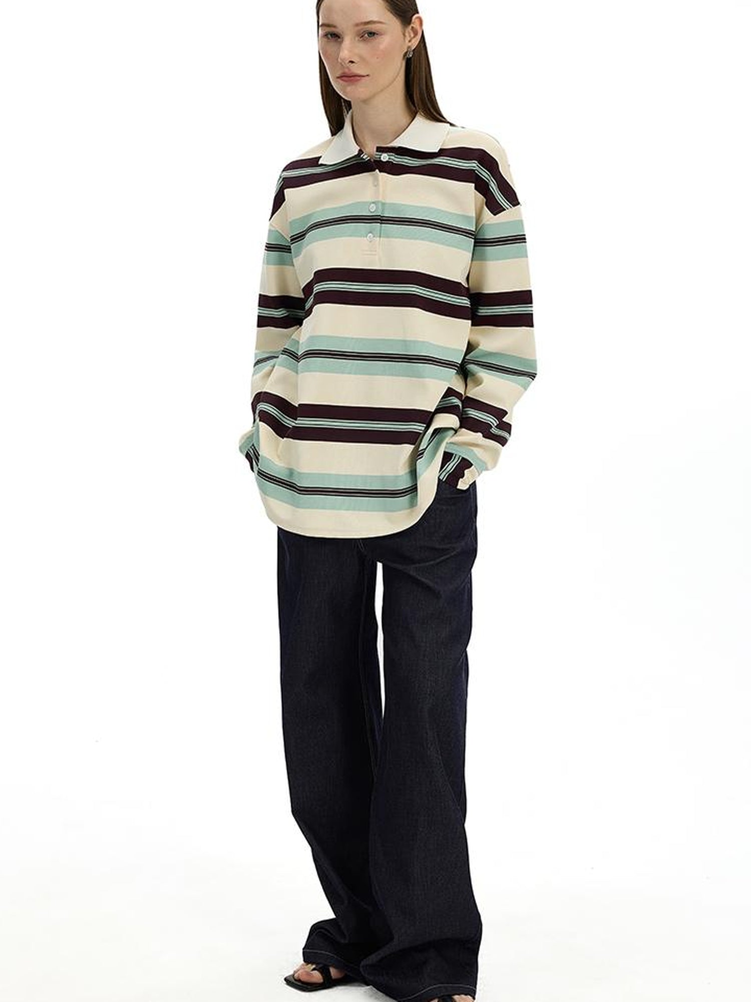 AFTADAWN Blue Brown Stripe Oversized Polo T-shirt