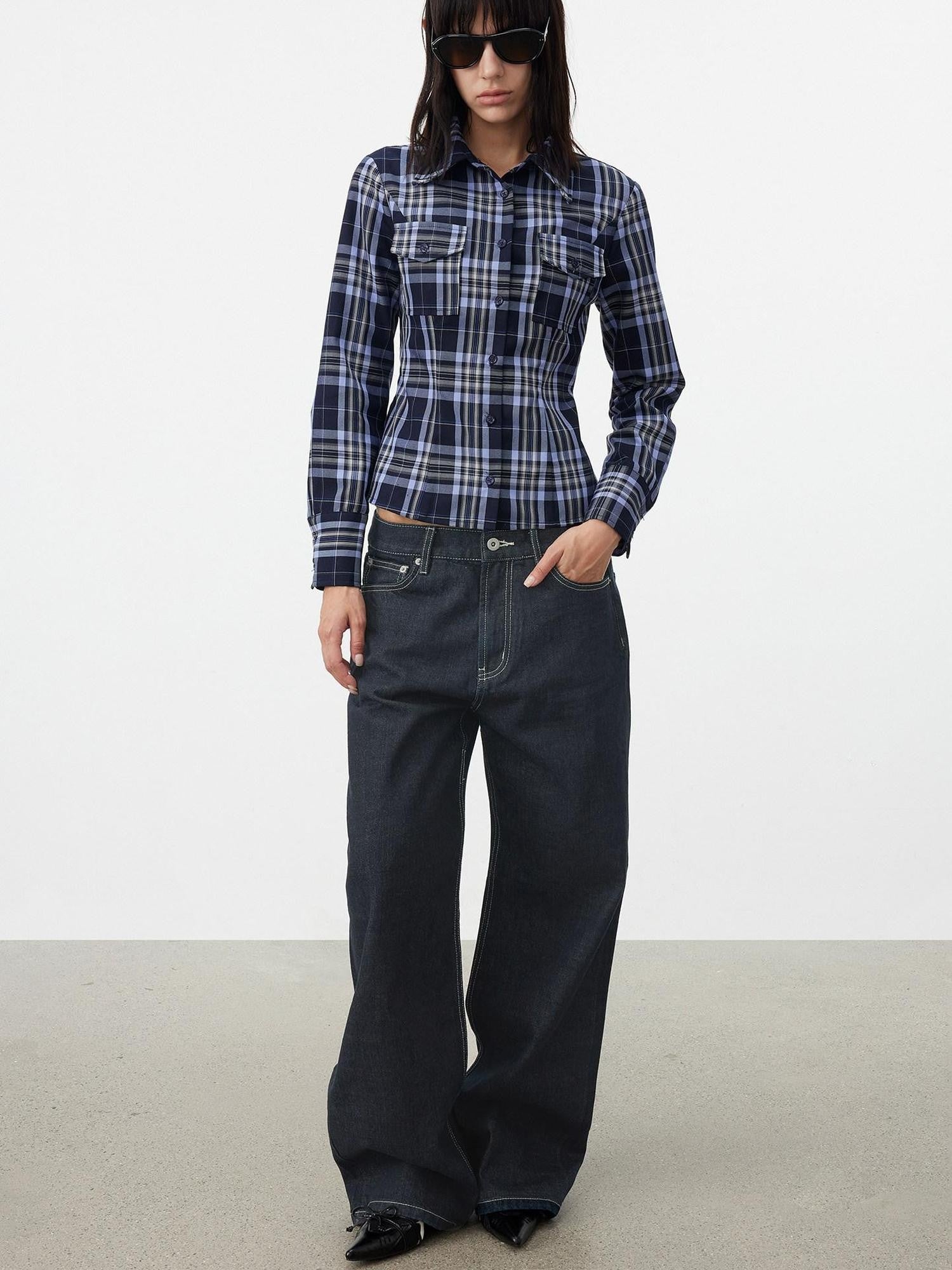 AFTADAWN Blue Contrast Check Shaped Pocket Waist Cinched Women&