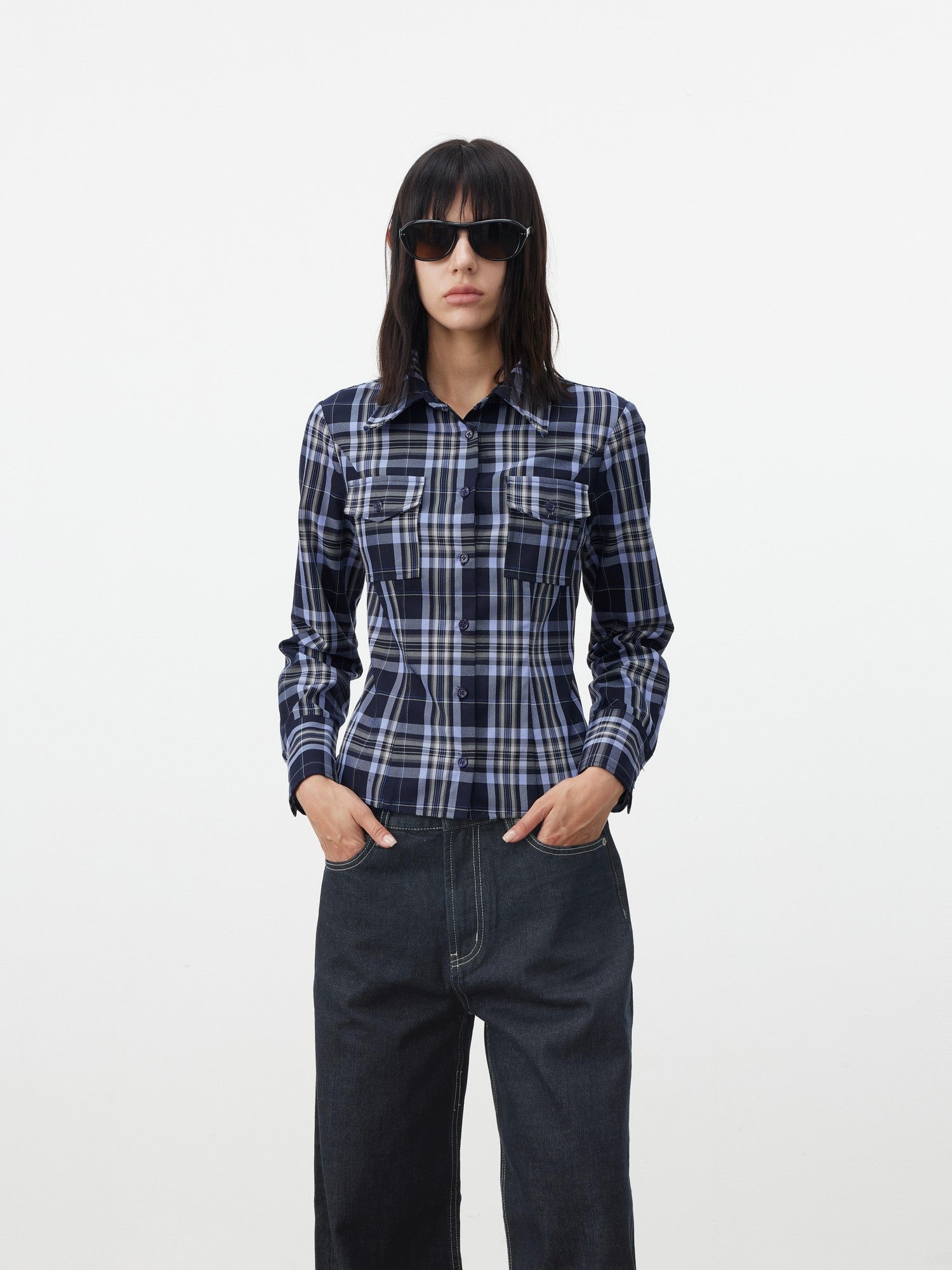 AFTADAWN Blue Contrast Check Shaped Pocket Waist Cinched Women&
