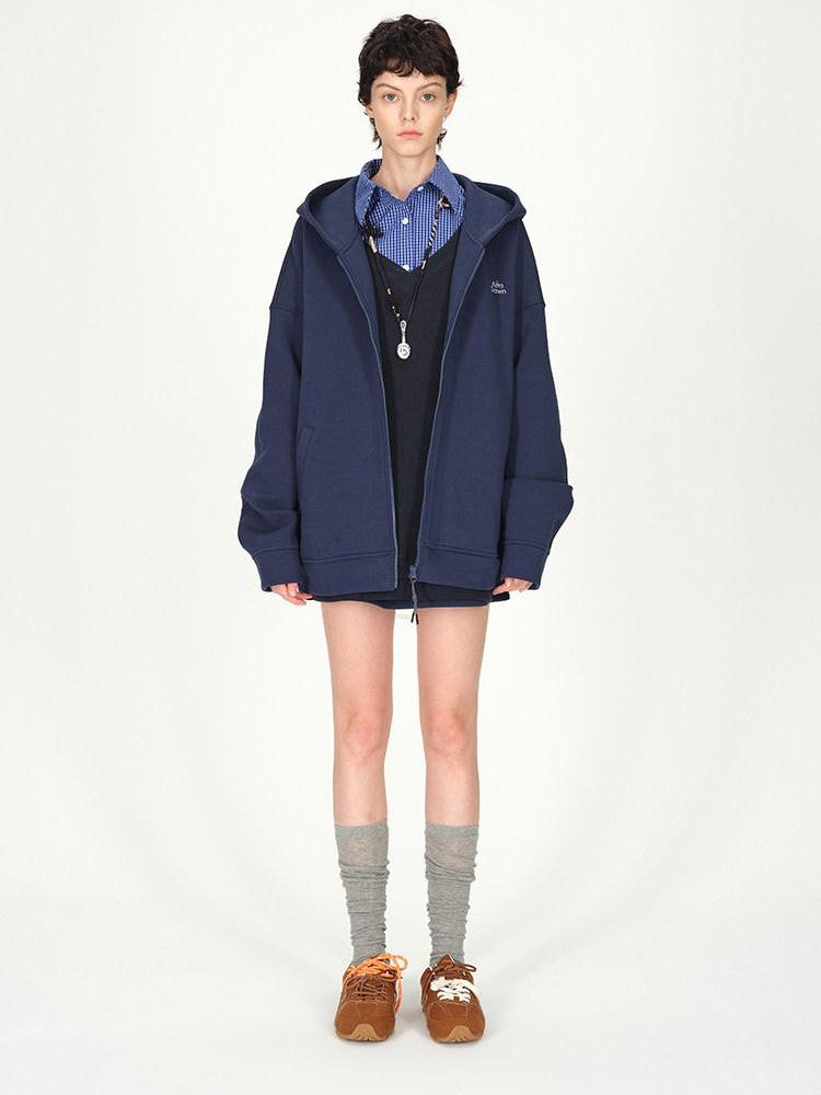 AFTADAWN Blue Hooded Zip A Line Solid Loose Women&