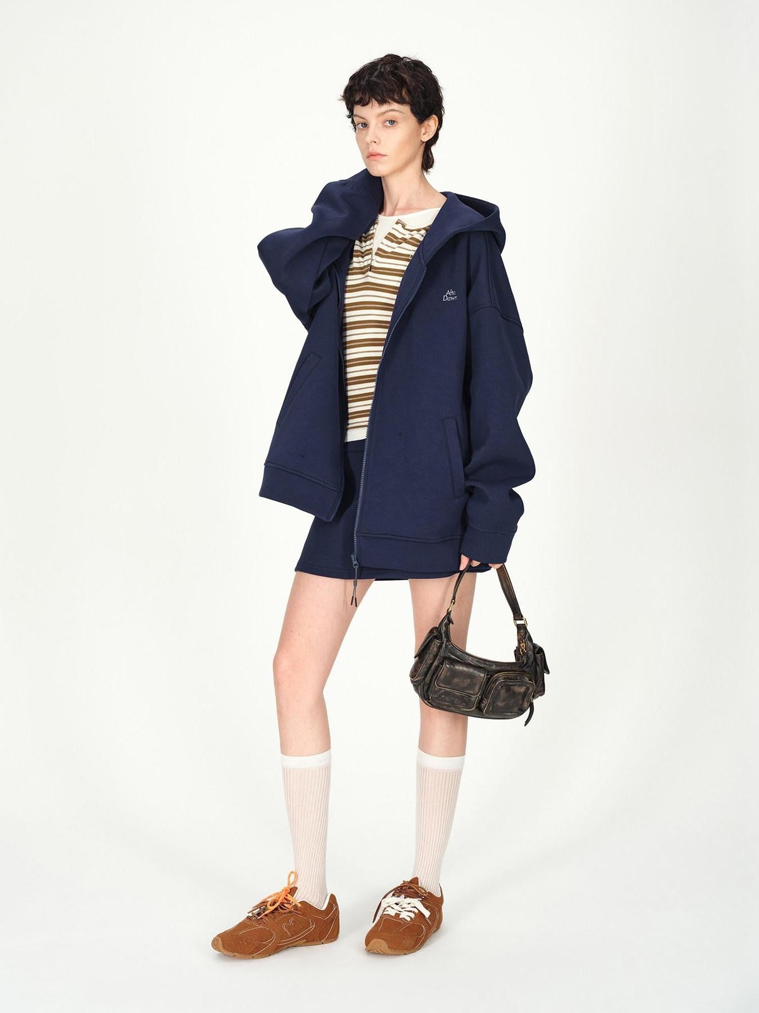 AFTADAWN Blue Hooded Zip A Line Solid Loose Women&