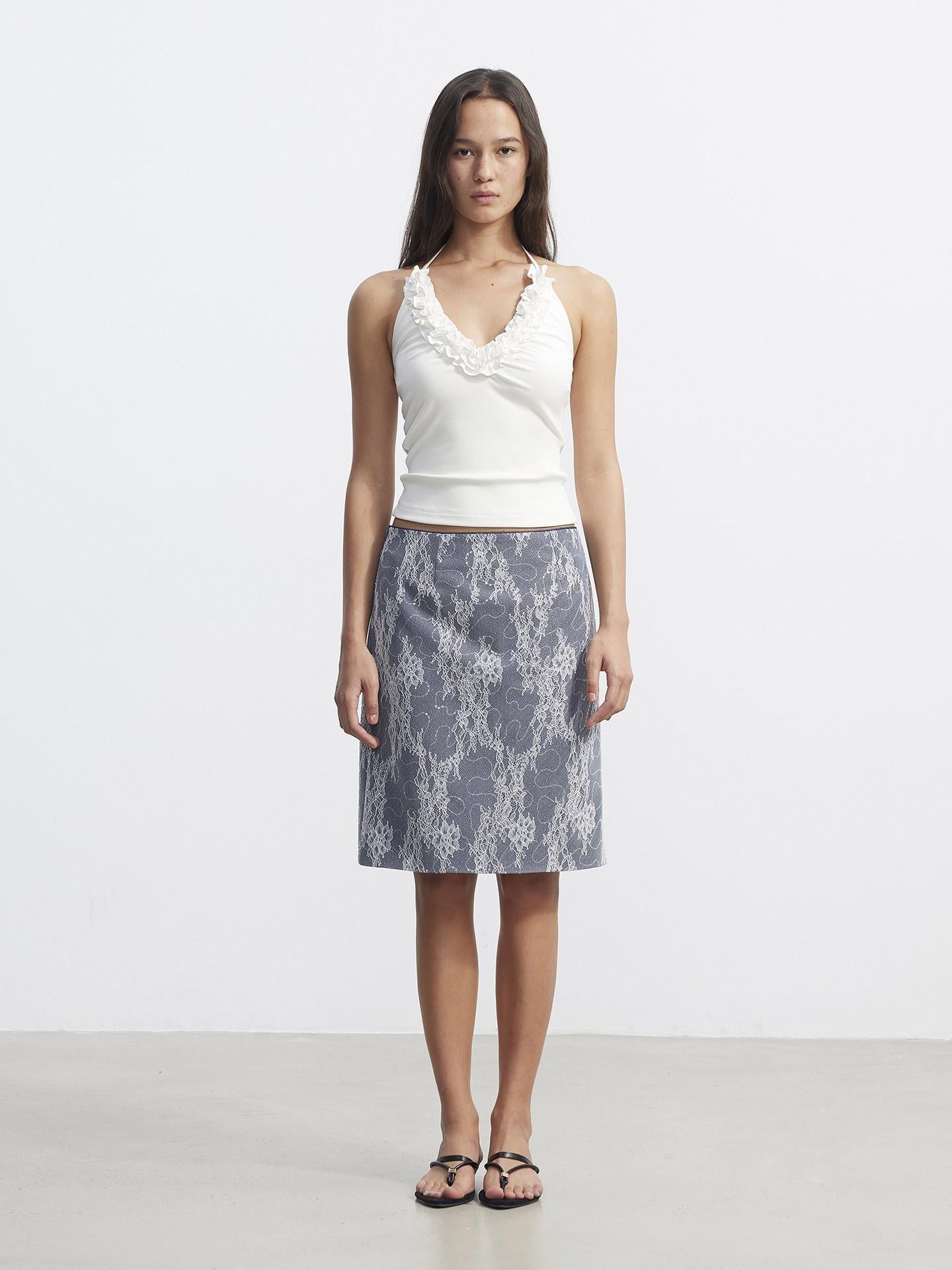 AFTADAWN Blue Lace Mesh Double Layer Spliced Embroidered Women&