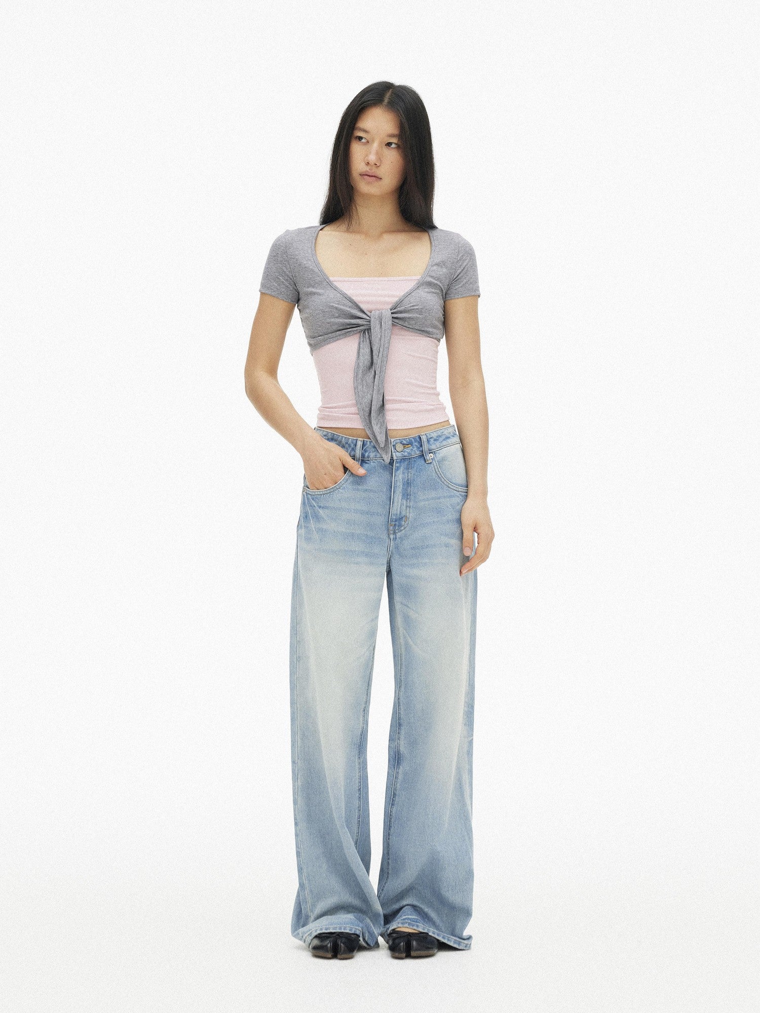 AFTADAWN Blue Pink Contrast Embroidered Tie V-neck Women&