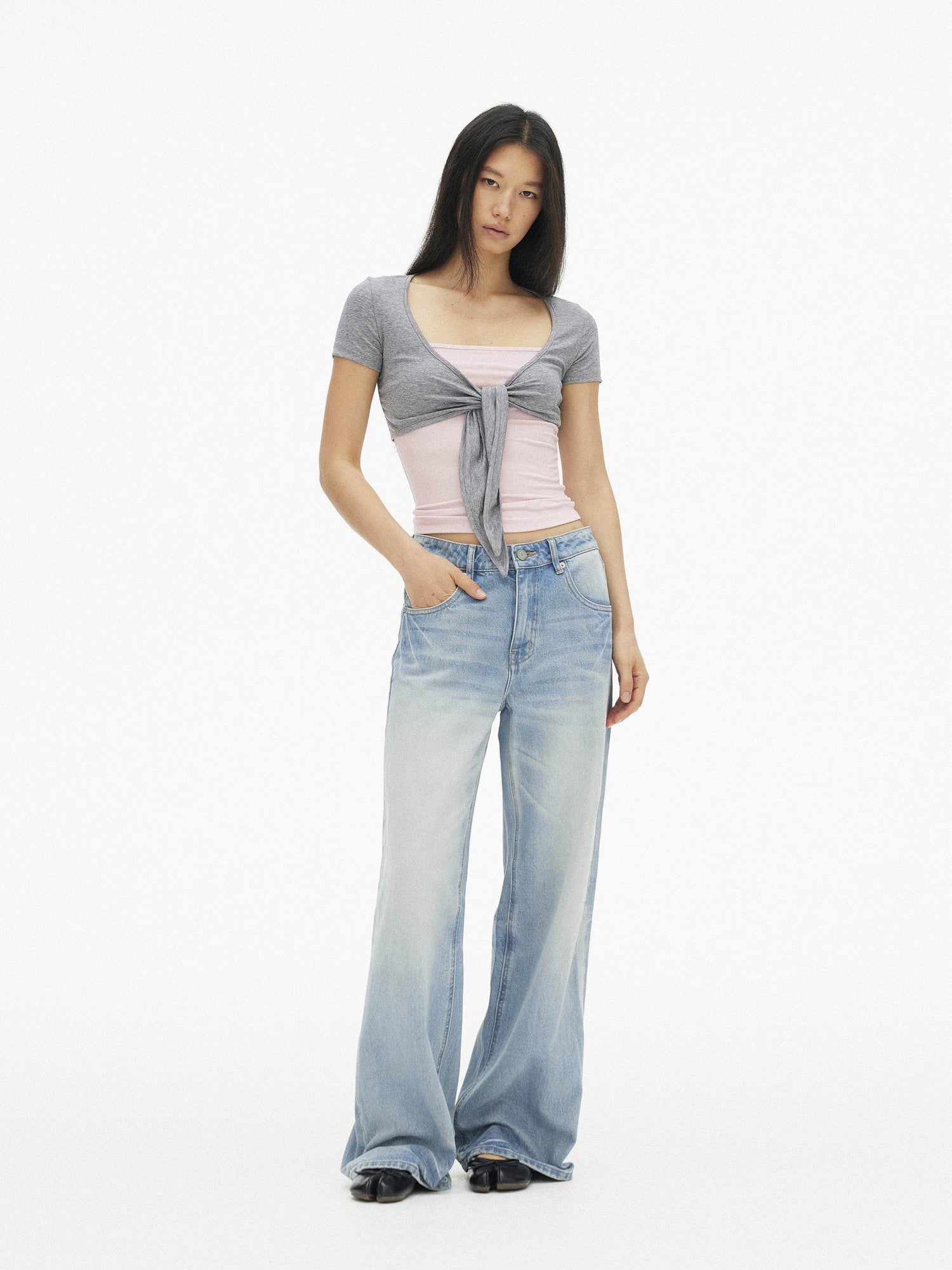 AFTADAWN Blue Pink Contrast Embroidered Tie V-neck Women&