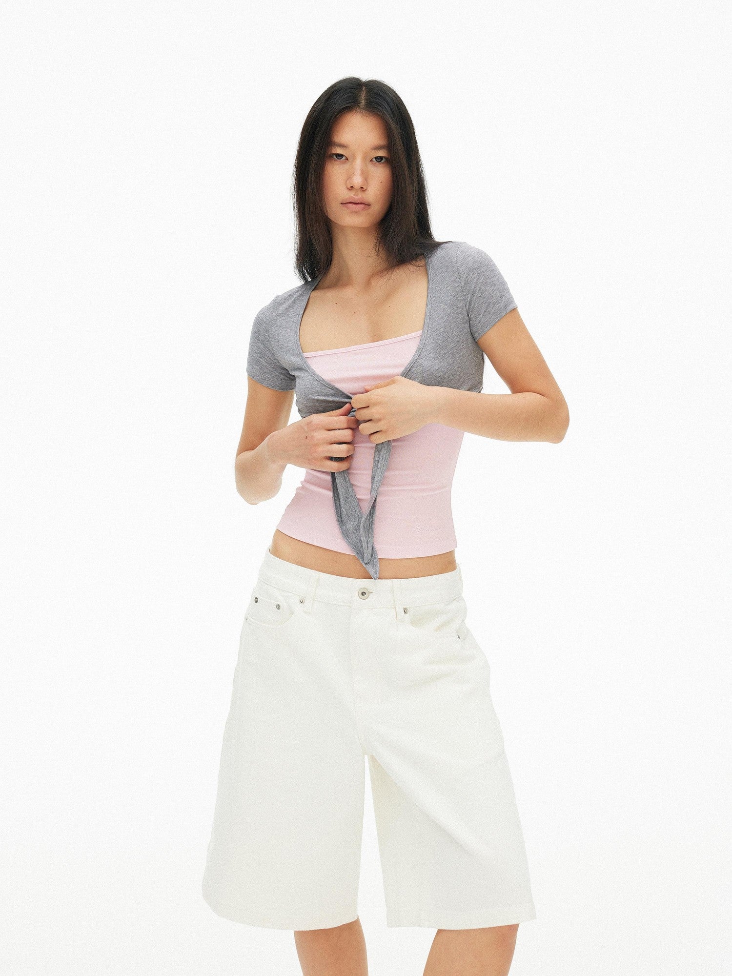 AFTADAWN Blue Pink Contrast Embroidered Tie V-neck Women&