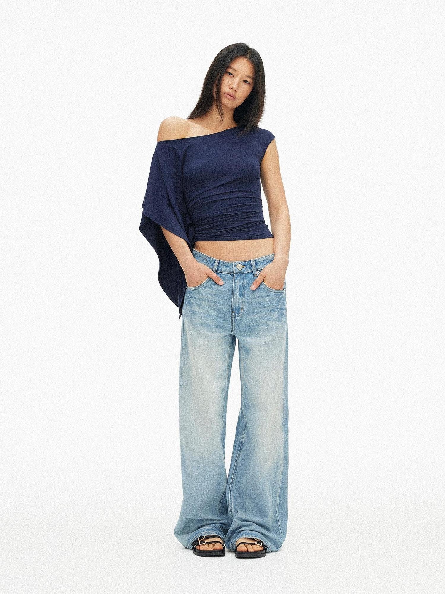 AFTADAWN Blue Purple One Shoulder Cinched Waist Pleated Women&