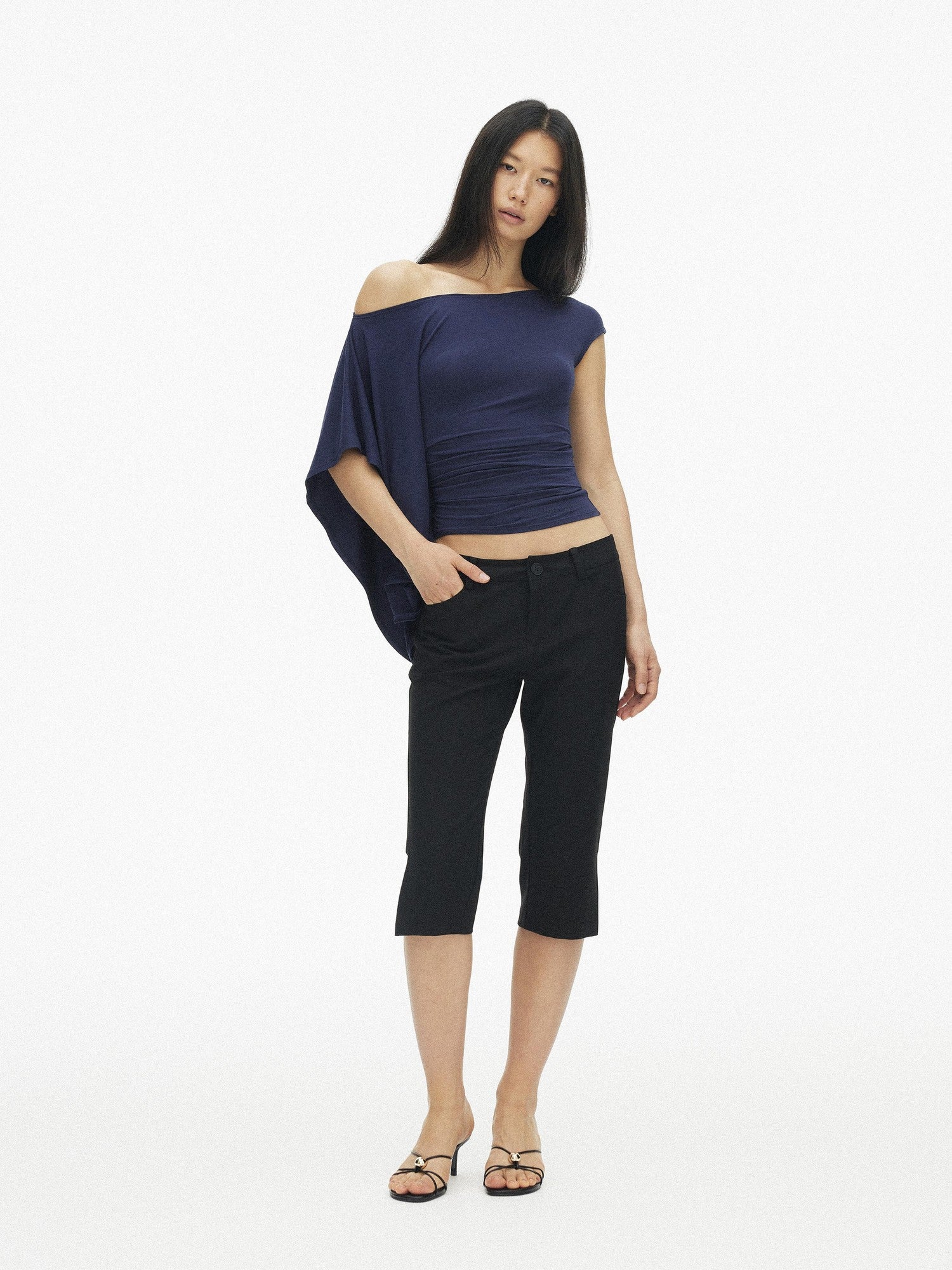 AFTADAWN Blue Purple One Shoulder Cinched Waist Pleated Women&