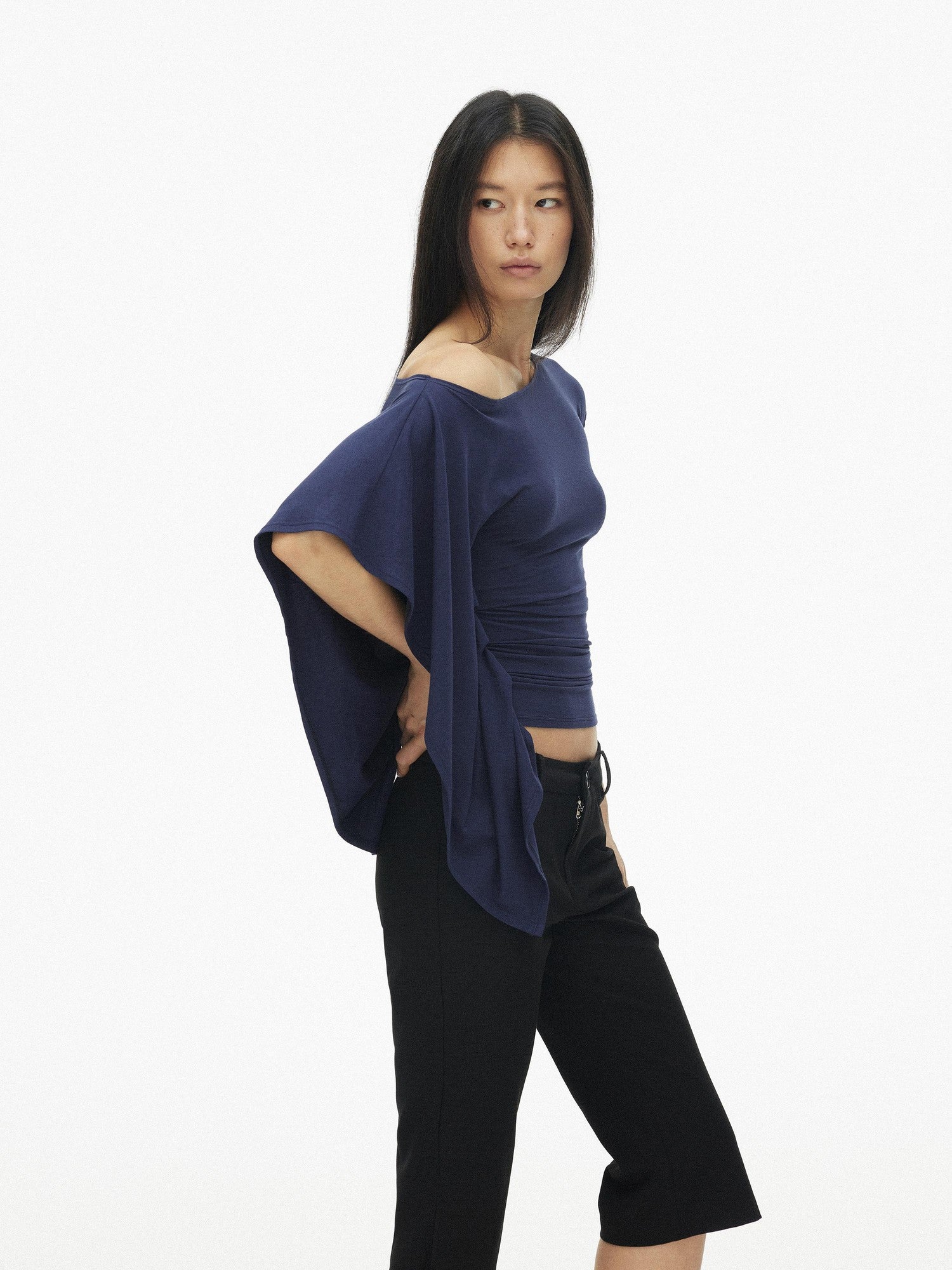 AFTADAWN Blue Purple One Shoulder Cinched Waist Pleated Women&