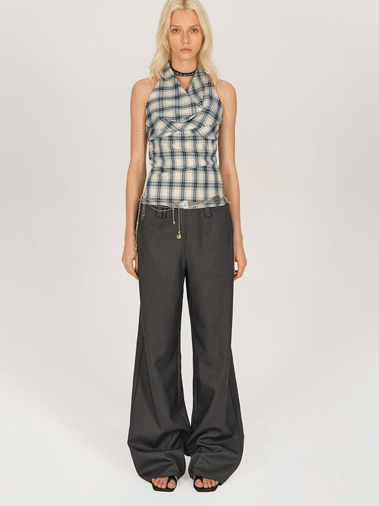 AFTADAWN Blue Ruched Plaid Tie Front Cinched Waist Women&