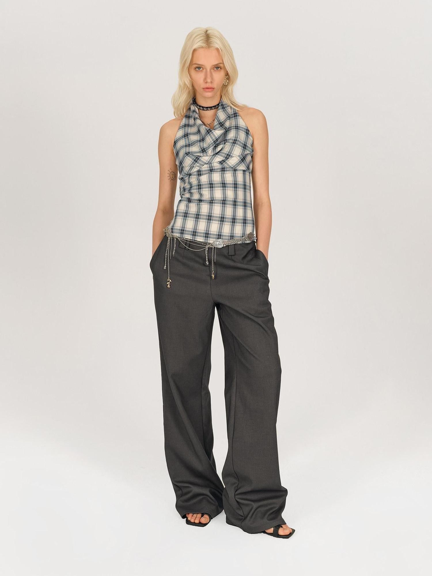 AFTADAWN Blue Ruched Plaid Tie Front Cinched Waist Women&