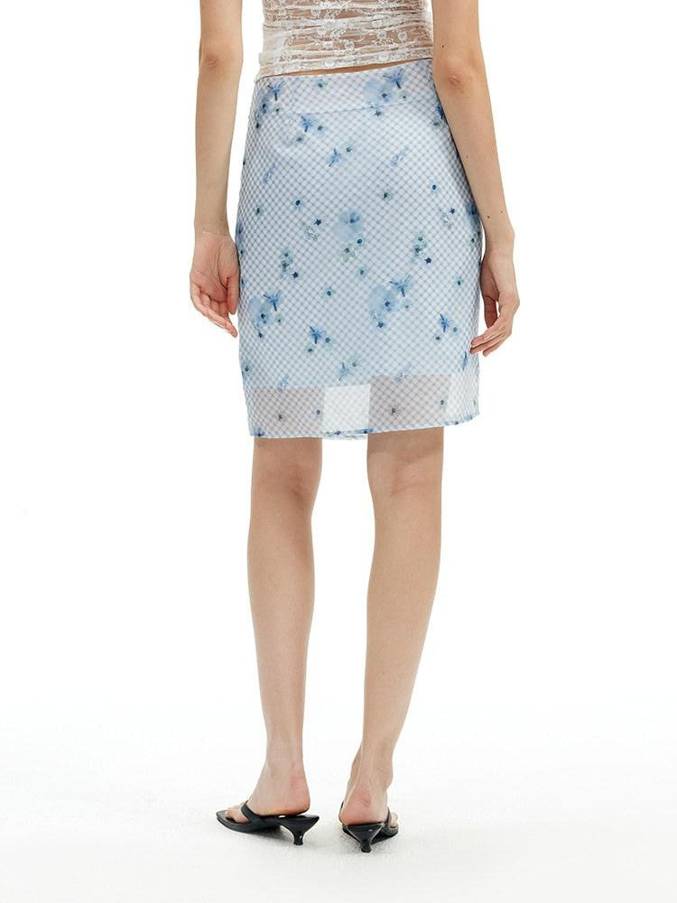 AFTADAWN Blue Tencel Mesh Plaid Floral High Waist Tailored Pencil Women&