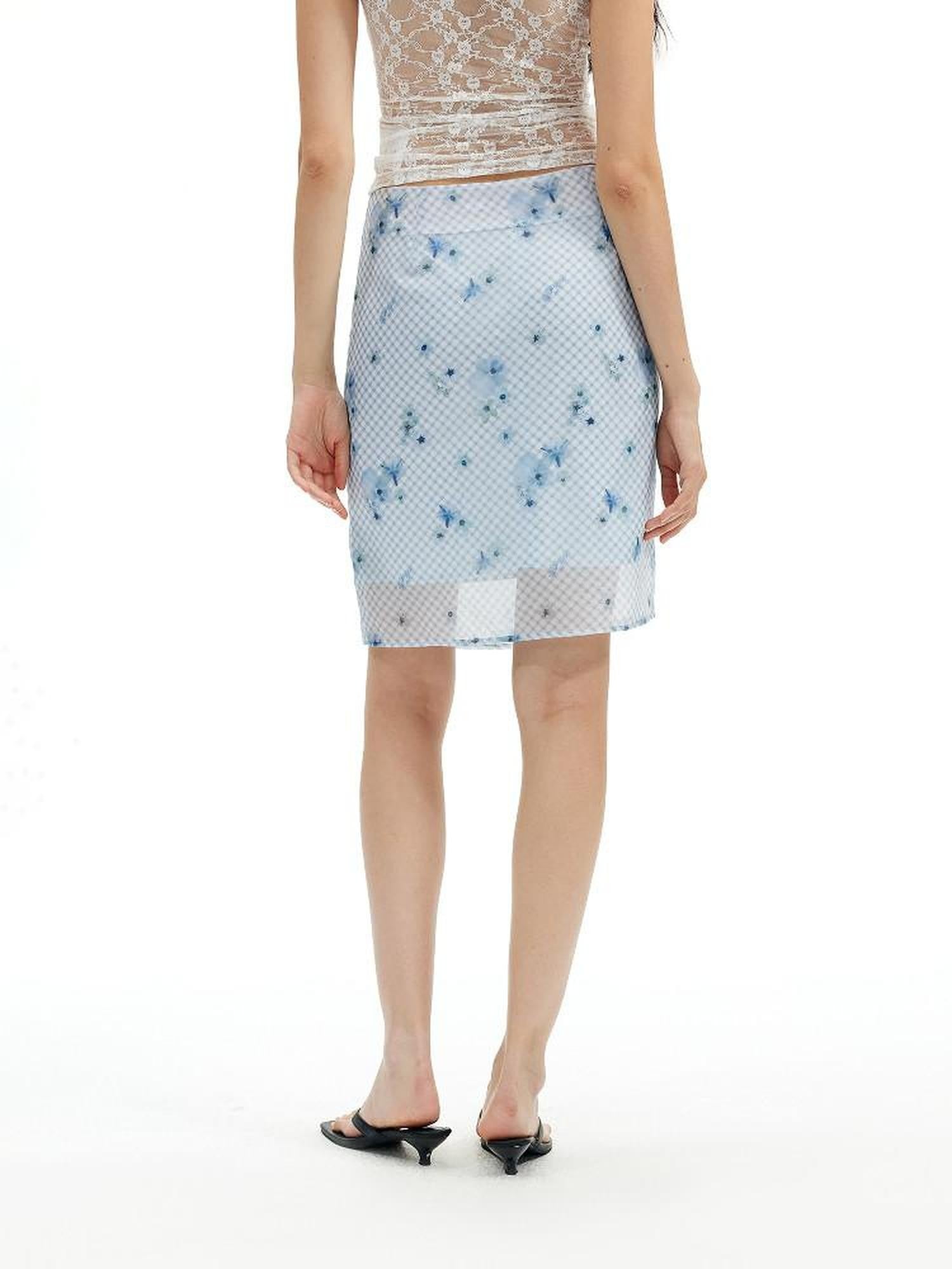 AFTADAWN Blue Tencel Mesh Plaid Floral High Waist Tailored Pencil Women&