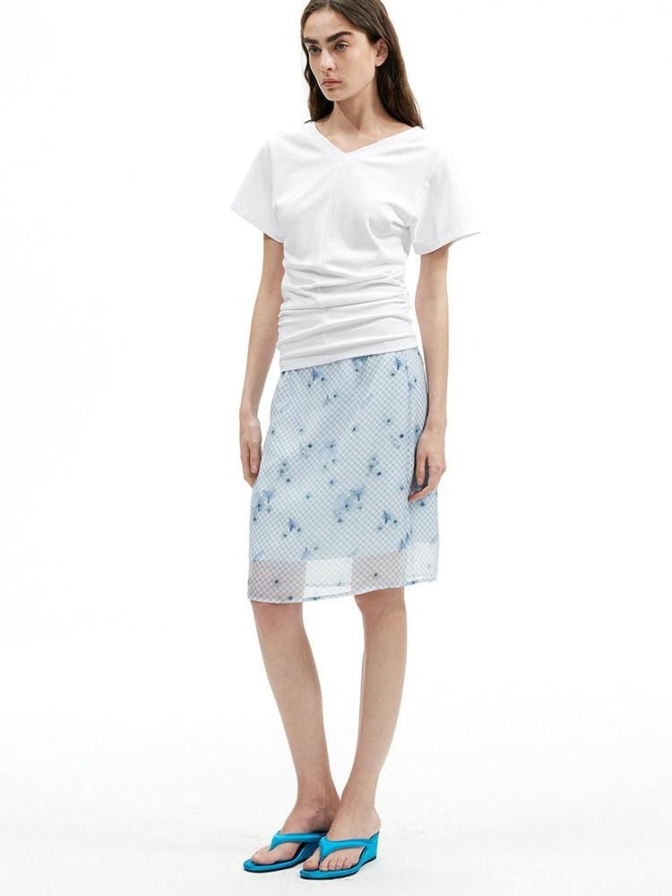AFTADAWN Blue Tencel Mesh Plaid Floral High Waist Tailored Pencil Women&