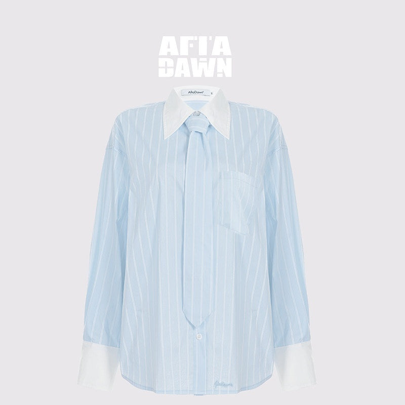 AFTADAWN_Blue_White_Striped_Contrast_Polo_Collar_Button_Down_Women&