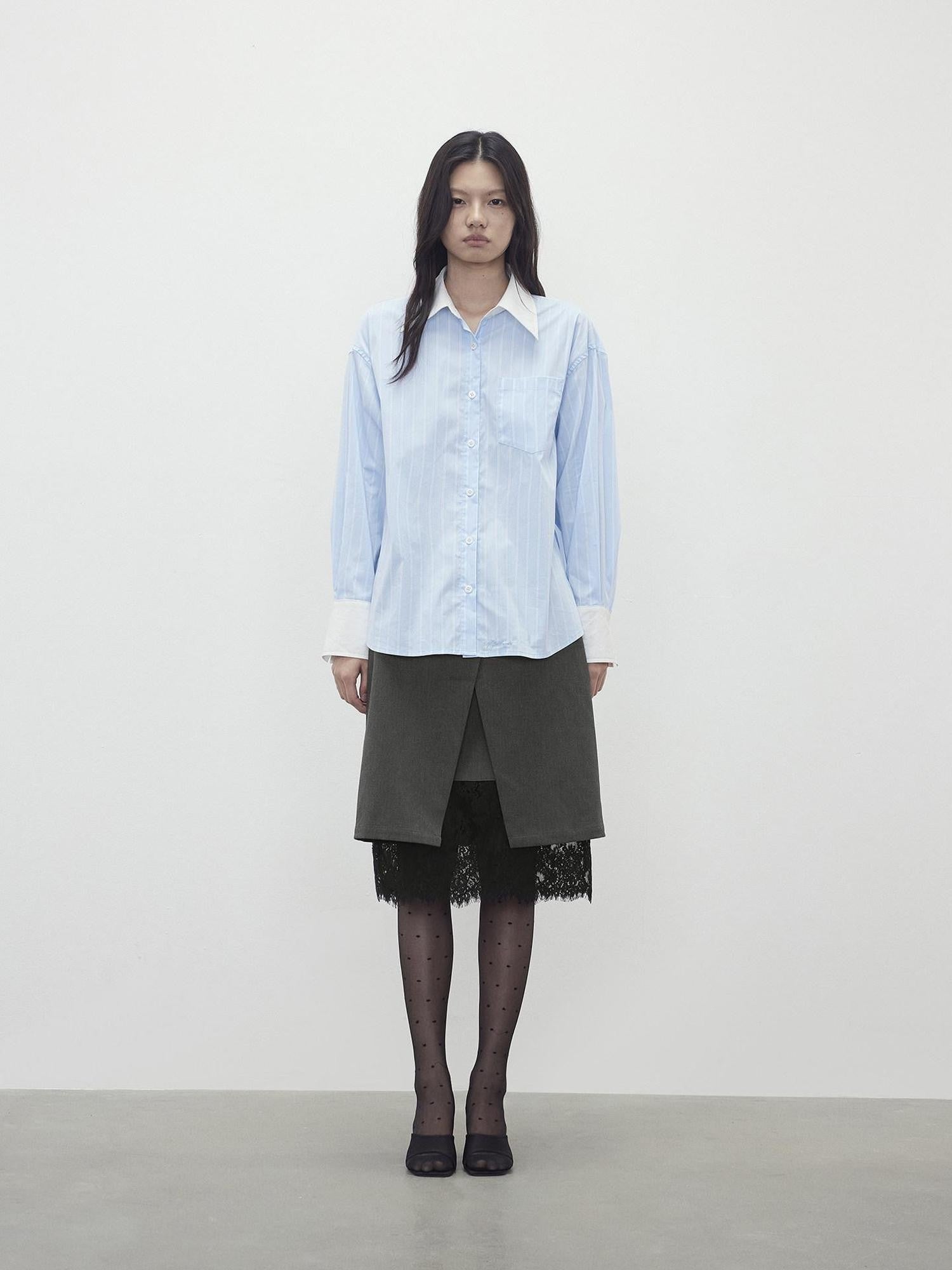 AFTADAWN Blue White Striped Contrast Polo Collar Button Down Women&