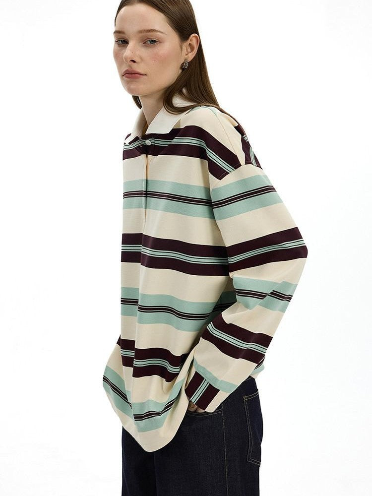 AFTADAWN Boxy Patchwork Colorblock Stripe Polo Women&
