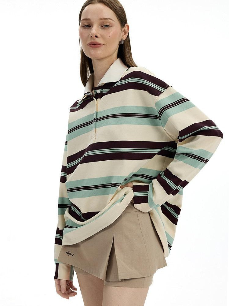 AFTADAWN Boxy Patchwork Colorblock Stripe Polo Women&
