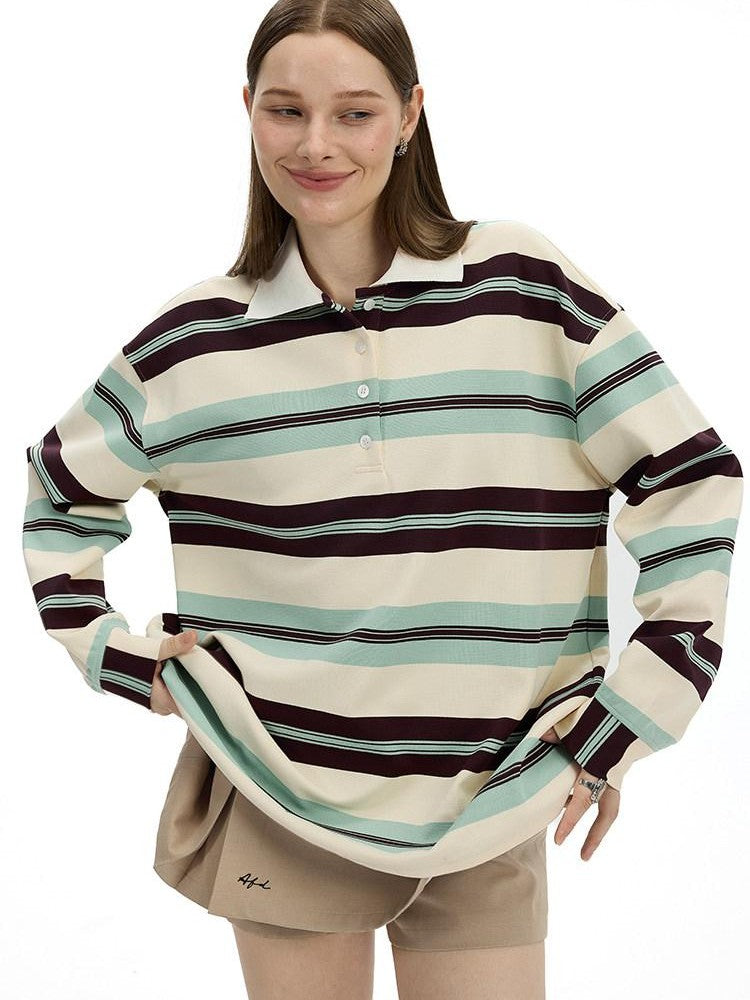 AFTADAWN Boxy Patchwork Colorblock Stripe Polo Women&