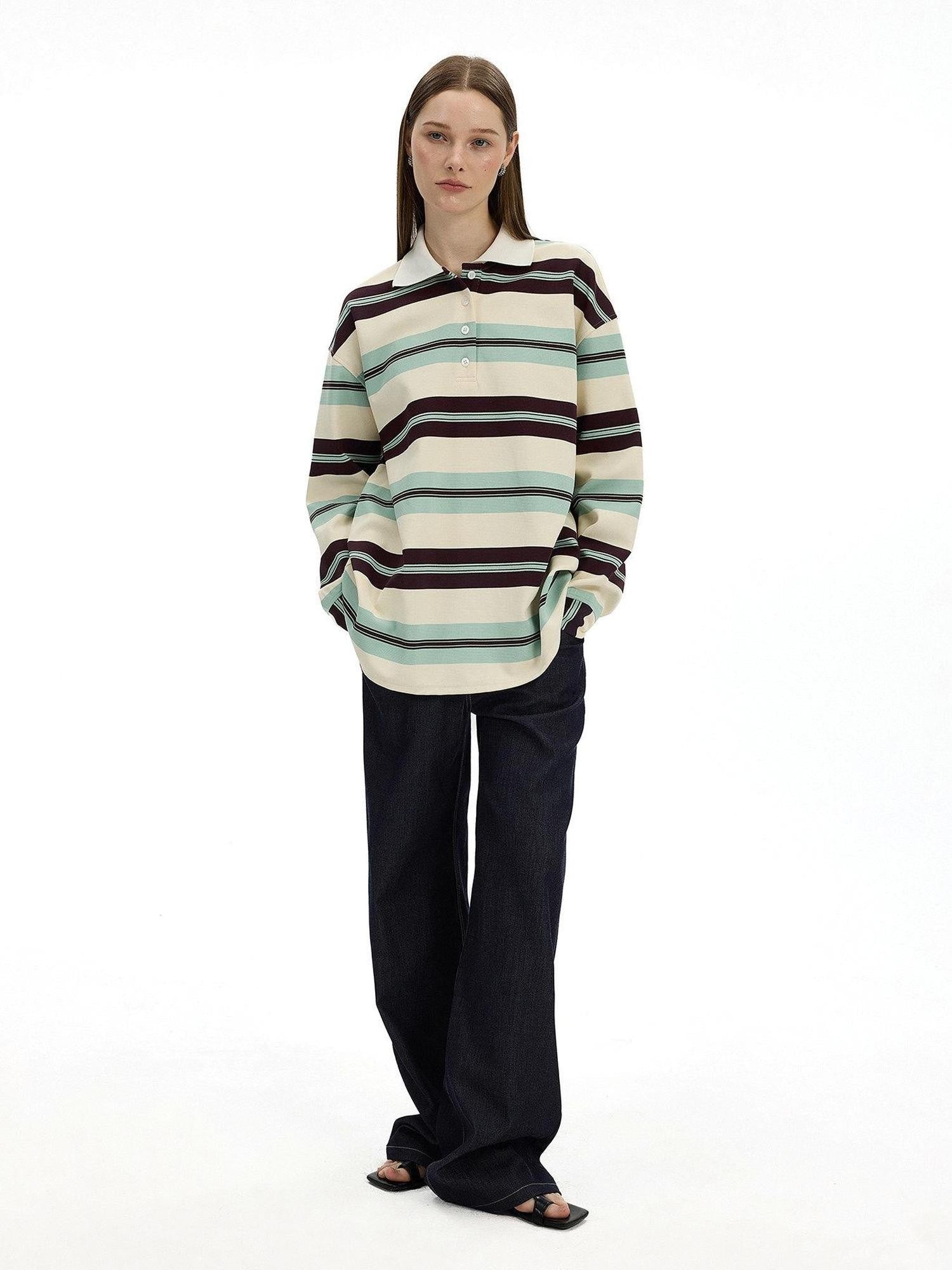 AFTADAWN Boxy Patchwork Colorblock Stripe Polo Women&