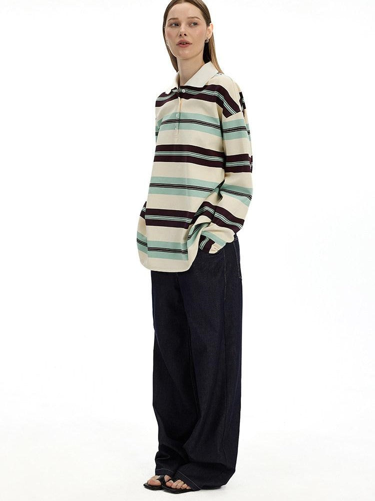 AFTADAWN Boxy Patchwork Colorblock Stripe Polo Women&