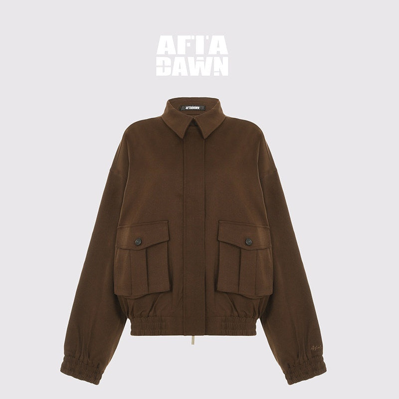 AFTADAWN_Brown_Lapel_Double_Zip_Pockets_A_Line_Women&