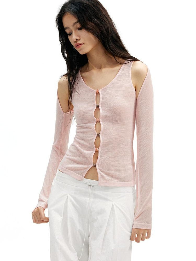 AFTADAWN Brown Pink Openwork Beaded Placket Women&